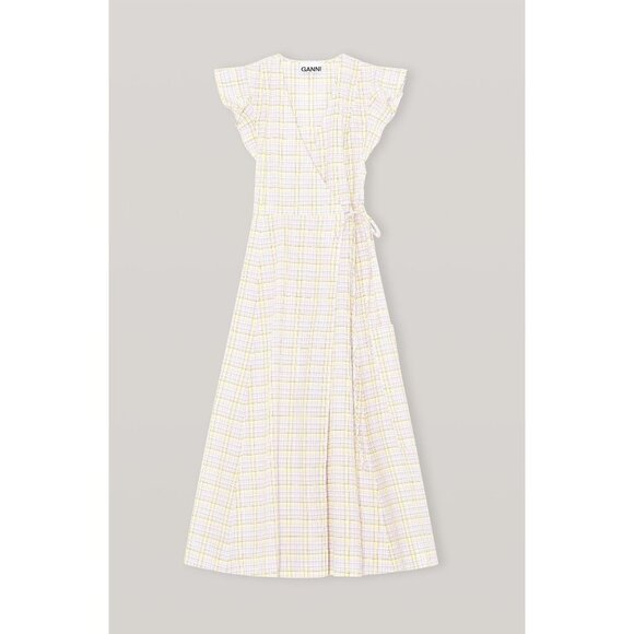 NWT GANNI Seersucker Check Print Wrap Dress in Multicolor Sz 34 / XS - Picture 3 of 13